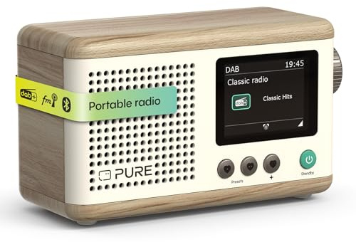 Pure Classic Mini tragbares Digitalradio mit DAB+ & UKW, Bluetooth 5.3, 15h Akku, 5W Lautsprecher, 2.4'' Farbdisplay und USB‑C – kompakter Lautsprecher für Zuhause & unterwegs Baumwoll Weiß/Eiche
