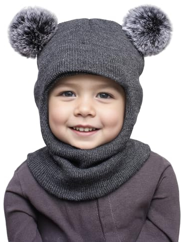 DRESHOW Kinder Wintermütze Warme Schal Schlupfmütze Strickmütze Kapuze Weiche Schalmütze mit Doppelt Bommel Pom Pom Beanie Mütze für Kleinkinder Jungen Mädchen 1-6 Jahre