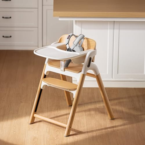 Momcozy DinerPal Hochstuhl aus Buchenholz, verstellbar & umwandelbar für Babys, Kleinkinder & Erwachsene, mit Lernstuhl-Funktion und spülmaschinenfestem Tablett
