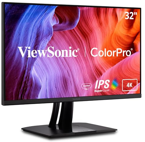 ViewSonic VP3256-4K 80 cm (32 Zoll) Fotografen Monitor (4K-UHD, IPS, 100% sRGB, HDMI, DP, USB-C inkl. Ladefunktion, Höhenverstellbar, 5 Jahre Austauschservice) Schwarz