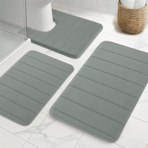 NAKIHOUSE Badezimmerteppich Set 3 Teilig aus Dicke Memory Foam rutschfest Saugfähig Waschbar Weich Schnell Trocknend Badematte Set und U Förmige wc Vorleger für Dusche, WC & Badewanne,Hellgrau