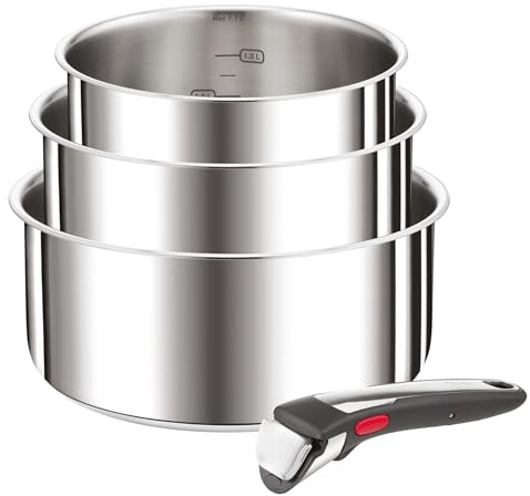 Tefal Ingenio Preference On 4-teiliges Kasserollenset, 16/18/20 cm, Topfset abnehmbarer Griff, Topfset Induktion stapelbar, platzsparend, einfache Handhabung und Reinigung, Edelstahl, L898S3