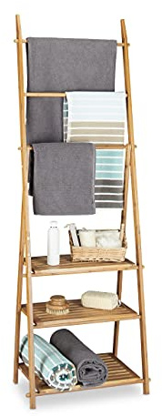 Relaxdays Handtuchhalter Bambus, Faltbar, kleiner Kleiderständer, 3 Ablagen, 3 Handtuchstangen, 4 seitliche Haken, HxBxT: 152 x 53 x 31 cm, Holz, natur