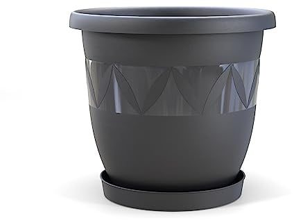 Plastard Blumentopf Durchmesser 40 cm mit Untersetzer Farbe Anthrazit runder Pflanzkübel Blumenkübel Gartentopf aus Kunststoff witterungsbeständiger für Innen und Außen