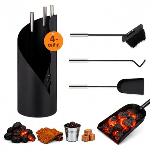 Relaxdays Kaminbesteck modern, 4-teilige Kamingarnitur mit Schürhaken, Ascheschaufel, Kaminbesen & Ständer, schwarz