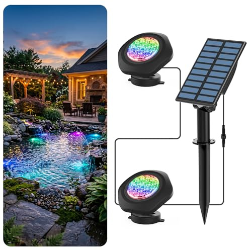 T-SUN Solar Teichbeleuchtung, RGB Solar Unterwasserbeleuchtung, 18LEDs Teich Licht Teichlampen mit IP68 wasserdicht, Farbwechsel Landschaftsscheinwerfer Gartenbeleuchtung für Garten Patio Baum(2 Set)