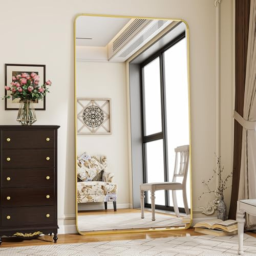 Koonmi Ganzkörperspiegel 76 x 171 cm Gold, Stabiler Rahmen mit Ständer | mit Ständer, zum Anlehnen oder Aufhängen, stabiler Rahmen, Sicherheitsglas für Schlafraum, Ankleide, Wohnzimmer und Flur