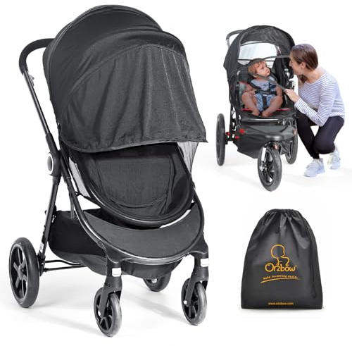 Orzbow Universal Insektenschut mit Sonnensegel 2 in 1 für Kinderwagen & Buggy,Reißfest Fliegennetz & Sonnenschutz UV Schutz 50+,Feinmaschig Moskitonetz für Reisebett mit Tasche (Schwarz)