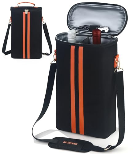 BLUBYEES Isolierte Weintragetasche für 2 Flaschen, auslaufsicher, gepolstert, 900D-Oxford-Gewebe, für Reisen, Picknicks, Strand und Partys, ideales Weingeschenk für Weinliebhaber, Pumpkin Orange, 8.3