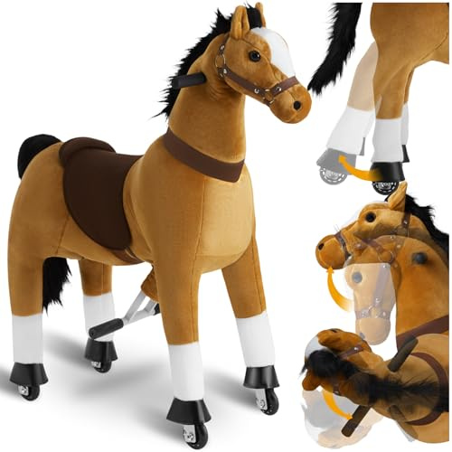 tectake® Schaukelpferd, Plüsch Pferd auf Rollen, Pferde Spielzeug zum Reiten, Schaukeltier, Stehpferd für Kinder, Spielpferd zum Draufsitzen und Reiten, Rollpferd Outdoor - 34 x 89 x 100 cm