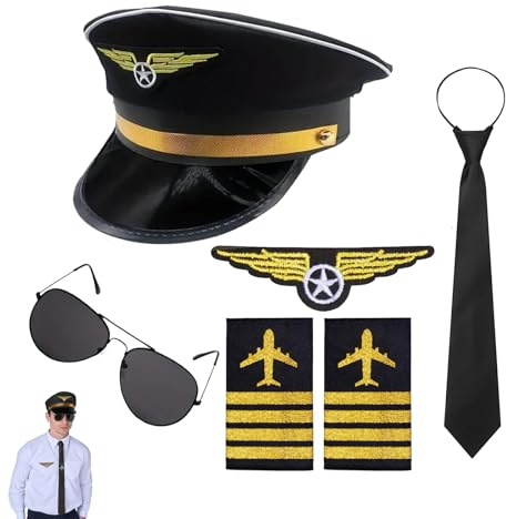 BICUIYIT Pilot Kapitän Kostüm Zubehör, Flieger Kapitän Verkleidung Accessoires with Captain Hat, Epaulets, Glasses & Tie, Perfect for Carnival, Theme Parties & Costume Balls (Schwarz)