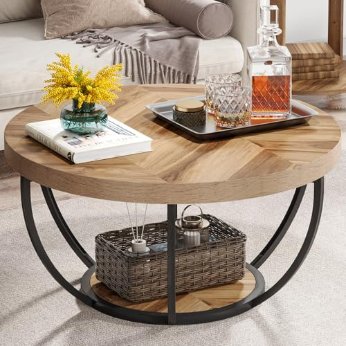 Tribesigns Runde Couchtisch, Industrial 2-Tier-Kreis Couchtisch mit Lagerung Regale, Moderne hölzerne Akzent Mitte Tisch Sofa Beistelltisch für Wohnzimmer, Home Office