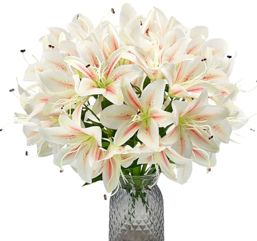 Daily Treasures 2 Sträuße Künstliche Lilien, 45cm Kurze Stiele, Kunstblumen mit 20 voll erblühten Köpfen für Deko, Hochzeit, Büro, Party, DIY-Blumenstrauß (Weiß & Rosa)