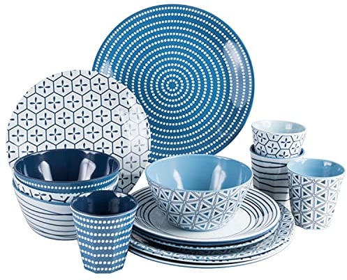 Camping Geschirr Set 4 Personen Blau-Weiss Melamin Wohnmobil Becher 16 tlg