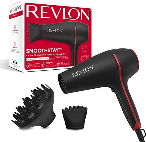 Revlon SmoothStay 2000W Haartrockner mit Kokosöl-Infusion (2000 Watt, 2 Zubehörteile für vielseitiges Styling: Diffusor- und Konzentratorkamm, keramische Turmalin-Ionen-Technologie) - RVDR5317