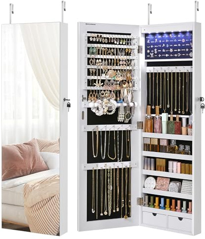SONGMICS Schmuckschrank mit langem Spiegel, Schmuckaufbewahrung mit 6 LED-Lampen, zum Aufhängen an der Tür oder zur Befestigung an der Wand, großes Fassungsvermögen, 2 Schubladen, Weiß JJC99WT