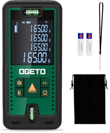 Laser Entfernungsmesser 50m, OGETO Laser Entfernungsmesser mit LCD Hintergrundbeleuchtung, 99 Datensätze, M/In/Ft, Pythagoras/Abstand/Fläche/Volumen Messungen(2*AAA Batterien, IP54)