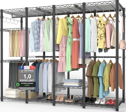 AQRA Offener Kleiderschrank System,Kleiderständer mit 9 Höhenverstellbarem Regalböden und 5 Kleiderstange, Hosenständer, 4 Schichten mit Großem Fassungsvermögen, Schwarz 193.5CM×43.5CM ×195CM