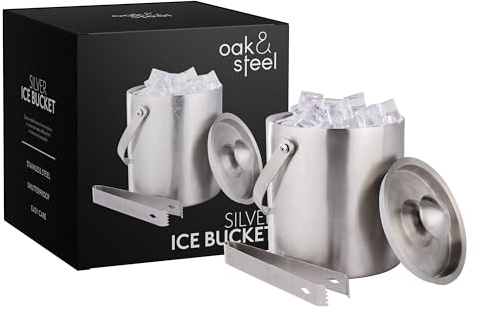 Oak & Steel - Doppelwandiger Edelstahl-Eiskübel mit Deckel und Zange (groß 2L) - Eleganter Eiskübel, Eiswürfelkühler, Eiskühler mit Deckel und Zange, Stabiler Eisbehälter - Elegant & Robust