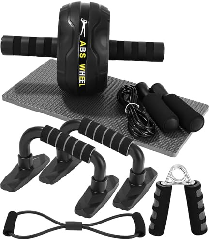 Kureny Bauchroller,Bauchroller Roller Bauchtrainer Fitnessset, mit Kniepolster, Springseil,Hochschieben Griffe,Abbildung 8 Fitnessbänder,Handtraine, ideal für Heimtraining und,Für Männer und Frauen