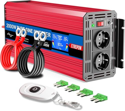ETREPOW 2000w Spannungswandler 12v Auf 230v Reiner Sinus Wechselrichter mit 2 EU-Steckdose und Einer USB,Drahtlose Fernsteuerung,LCD Bildschirm -Spitzenleistung 6000w Kfz Konverter