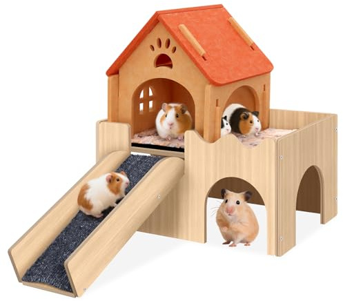 Mittimiya 3-in-1 Meerschweinchen Haus, Hamster Haus aus Holz mit Plattform und Treppe als Versteck, Meerschweinchen Zubehoer Kaninchenhaus für Kleintiere