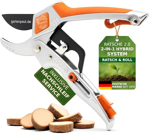 GARTENPAUL Ratsche 2.0 Gartenschere mit Schärfer, inkl. Nachschleifservice, Amboss Hybrid Ratsche, mit edler SK5 Klinge, Profi Gartengeräte Astschere Schere Rosenschere Pflanzenschere Blumenschere