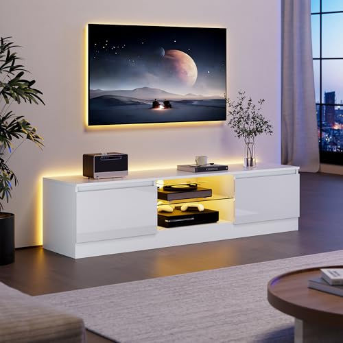 AUREUM OPAL TV Schrank mit 16 Farben LED Beleuchtung und 2 Türen, 160 cm Lang, TV Board, Lowboard Stehend für Fernseher bis zu 70 Zoll, Fernsehtisch für Schlafzimmer, Wohnzimmer, Esszimmer (Weiß)