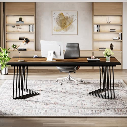 Tribesigns Schreibtisch 200cm Konferenztisch, 2 Personen Computertisch Home Office mit stabilem geometrischem Metallgestell, Besprechungstisch Business Seminartisch für 8-10 Personen, Rustikales Braun