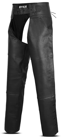 BYKR Leder-Motorrad-Chaps für Herren und Damen, Überhose, Cowboy-Reiten, Biker, Vintage, Chap-Hose, verstellbare Taille und Länge, Schwarz, 32inch