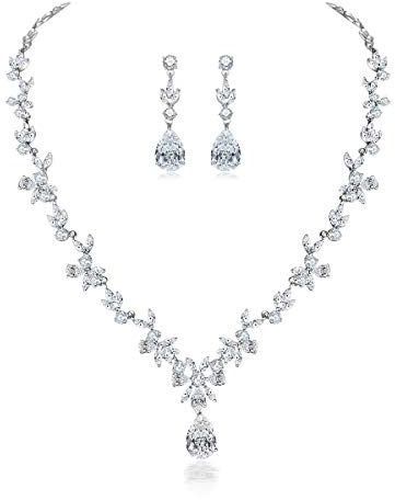 Shuxin Hochzeit Schmuckset für Damen, Halskette & Ohrringe & Armband Set, Blumen Braut Schmuck Set mit 5A Weiß Zirkonia, Allergenfrei Hochzeitsschmuck für Braut Brautjungfern