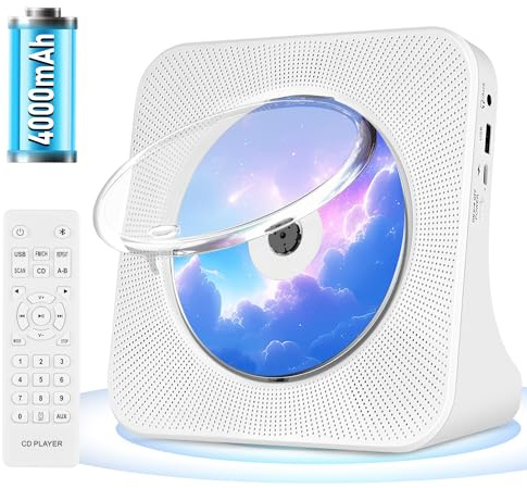 Tragbar CD Player Akku 4000 mAh, Radio CD Players Bluetooth, eingebautem HiFi Lautsprecher, Fernbedienung, Staubschutzhülle, Display, Kopfhörer, USB (Weiß)
