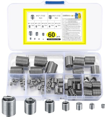 60 Stk Selbstschneidender Gewindeeinsätze, Helicoil Gewinde Reparatur Einsatz, Gewindereparatursatz, M3 M4 M5 M6 M8 M10 M12 Innengewinde Set für Metall Kunststoff Verarbeitenden Industrie