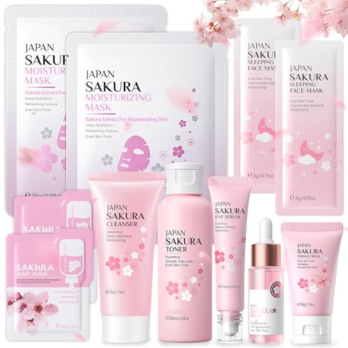 Sakura Gesichtspflege Set 11 Stück, Hauttäglich Hautpflege Set mit Cleanser, Toner, Gesicht Reinigung & Pflege, Euchtigkeit, Anti Aging, Sakura Hautpflege Set für Teenager-Mädchen und Frauen