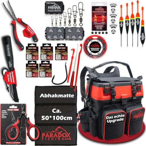 Paradox Fishing 3-in-1 Multifunktions-Sitzkiepe I Angelrucksack I Angeltasche Angelkoffer mit Sitz Angelkoffer- viel Platz für Angelzubehör (XXL Set schwarz/rot)