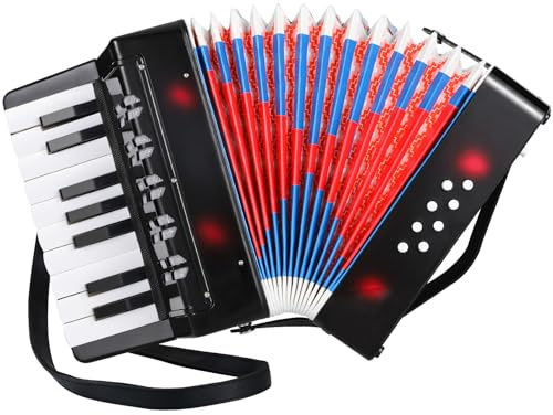 Kinder Akkordeon mit 17 Tasten & 8 Bässen, Piano Ziehharmonika mit Einstellbare Trageriemen, für Erwachsene und Kinder ab 3 Jahre, Musikinstrument für Anfänger (Schwarz)