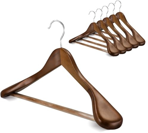 Premium Holzbügel-Set 6er – Extrabreite Schultern & 360°-Drehhaken | Mit Hosensteg für Mäntel, Jacken & Kleider | Glatte Oberfläche (Naturholz)