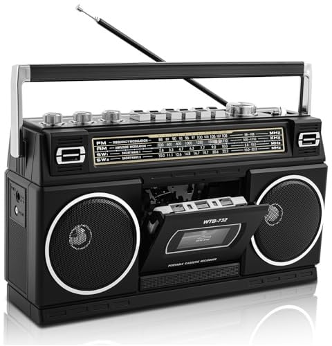 Retro-Classic-Portable-Boombox im 80er-Jahre-Stil mit Kassettenrecorder, AM/FM/SW1/SW2-Radio, Bluetooth-Streaming, USB/SD, AUX, 2 Stereolautsprecher, 24W Dual Full-Range High-Bass-Lautsprechern