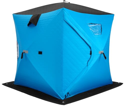 GYMAX tragbares Pop-Up Eisangelzelt, Isoliertes Allwetter-Angelzelt für 4 Personen mit Fenstern & Reißverschlusstür, wasserfester Eisschutzzelt mit Ankern, Seilen & Tragetasche (Blau)