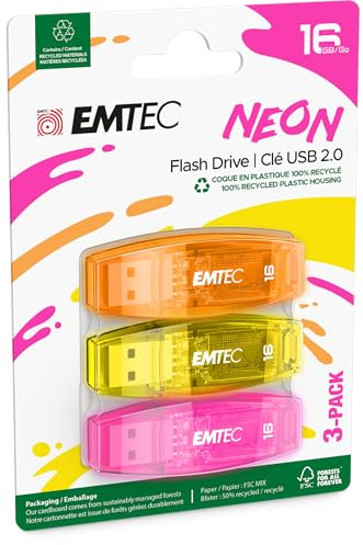 Emtec C410 16GB USB-Stick USB 2.0 Transparent Neon - 3er Pack (Orange Gelb Rose)