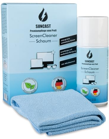 SUNCAST Display Reiniger Set 150ml mit Mikrofasertuch – Bildschirmreiniger Schaum für TV, Monitor, Laptop, Smartphone – Made in Germany