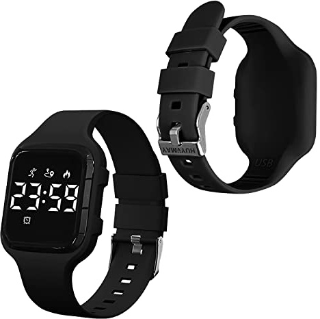 HUYVMAY Schrittzähler Fitness Uhr Ohne App/Handy, 30 Tage Akkulaufzeit Wiederaufladbare Uhr, Armbanduhr mit Schrittzähler 3 Wecker, Wasserdichte Sportuhr für Kinder Teenager Mädchen Jungen Damen Größe