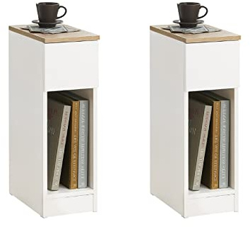 SoBuy 2er Set Nachttisch schmal 20 cm mit Schublade platzsparender Nachtschrank & Beistelltisch für kleine Räume Schlafzimmer Wohnzimmer Weiß 20x35x60 cm FBT111-WNx2