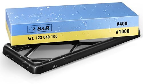 S&R Schleifstein Set – Messerschleifstein & Wetzstein für Messer – Doppelseitiger Sharpening Stone 400/1000 & Schleifhilfe – Knife Sharpener Stone & Abziehstein zum Messer schärfen, Whetstone