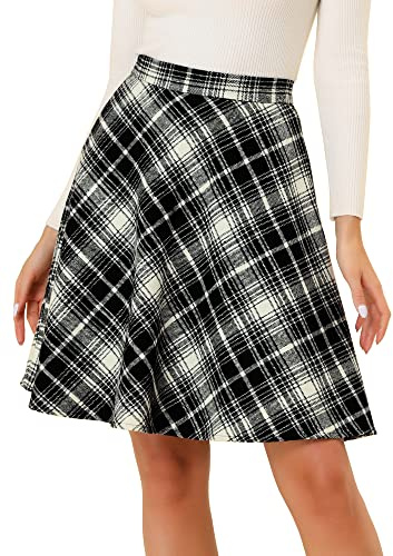 Allegra K Damen Karo Rock Festlich A-Linie Hohe Taille Kammgarn Kariert Midirock