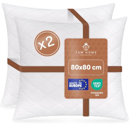 FAM Home Kopfkissen 80x80 2er Set – Schlafkissen weich & atmungsaktiv | Extra weich und formstabil – OEKO-TEX zertifiziert, allergikergeeignet, bei 95 °C waschbar für erholsamen Schlaf.