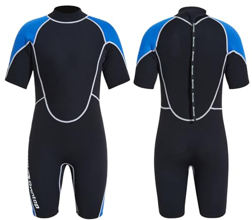 Owntop 1,5mm Shorty Neoprenanzug Damen Herren Kurz - Rücken-Reißverschluss Wetsuit zum Tauchen Surfen, Kurzarm Taucheranzüge Stretchen Neopren für Wassersport, Herren Blau L