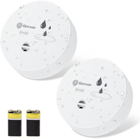 Geevon Wassermelder Wasseralarm2 Stück, 100dB Wasserwarner, Wassersensor Alarm, Batteriebetrieben für Keller, Badezimmer, Waschküche, Küchen, Garagen und Dachböden (Lieferung mit Batterie)