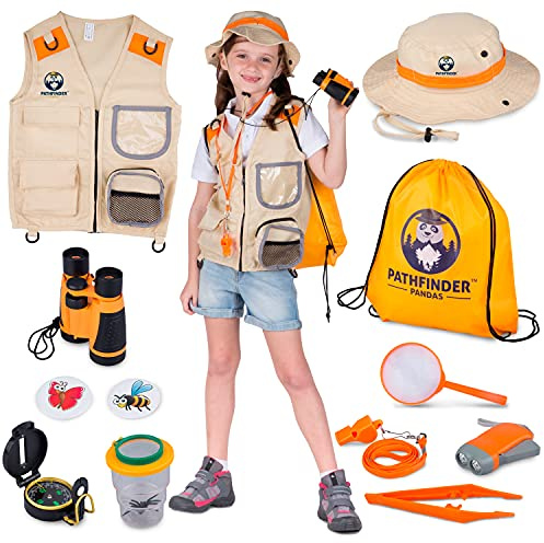 Forscherset für Kinder ab 6 & Safari Kostüm Kinder, Hut, Fernglas, Becherlupe & Mehr - Forscher Kostüm & Insekten Spielzeug - Tolles Outdoor Spielzeug Geschenk für Jungen Mädchen (Orange)