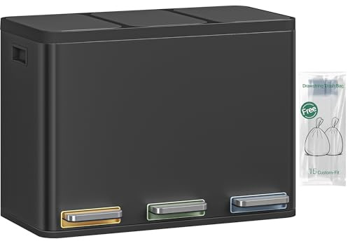 Hzuaneri Mülleimer Küche, Mülltrennsystem 3 Fächer 45L (3 x 15 L), Edelstahl-küchenmülleimer, Tretmülleimer mit Farbcodierbaren Pedalen, Abfalleimer Ruhiger Langsamer Abstieg, Schwarz SW04599B